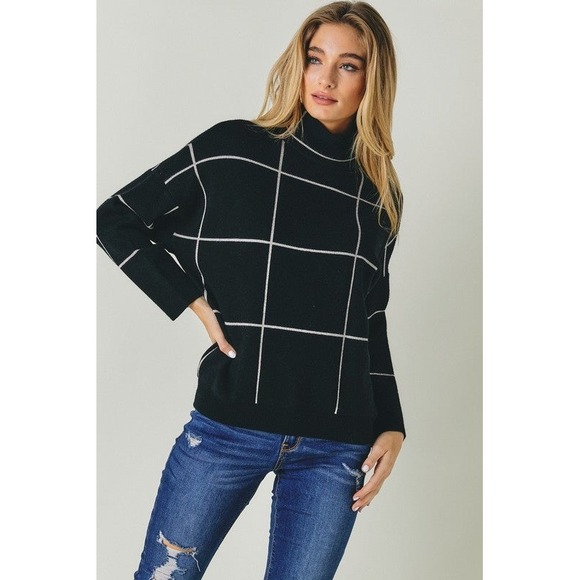 DAVI & DANI Black Grid Turtleneck Sweater Size L Long Sleeve Pullover Knit - Picture 1 of 9